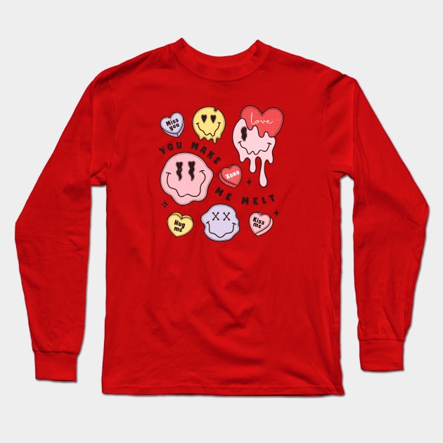 You Make Me Melt XOXO Miss You Hug Me Kiss Me Emoji Face Melting Face Long Sleeve T-Shirt by Pop Cult Store